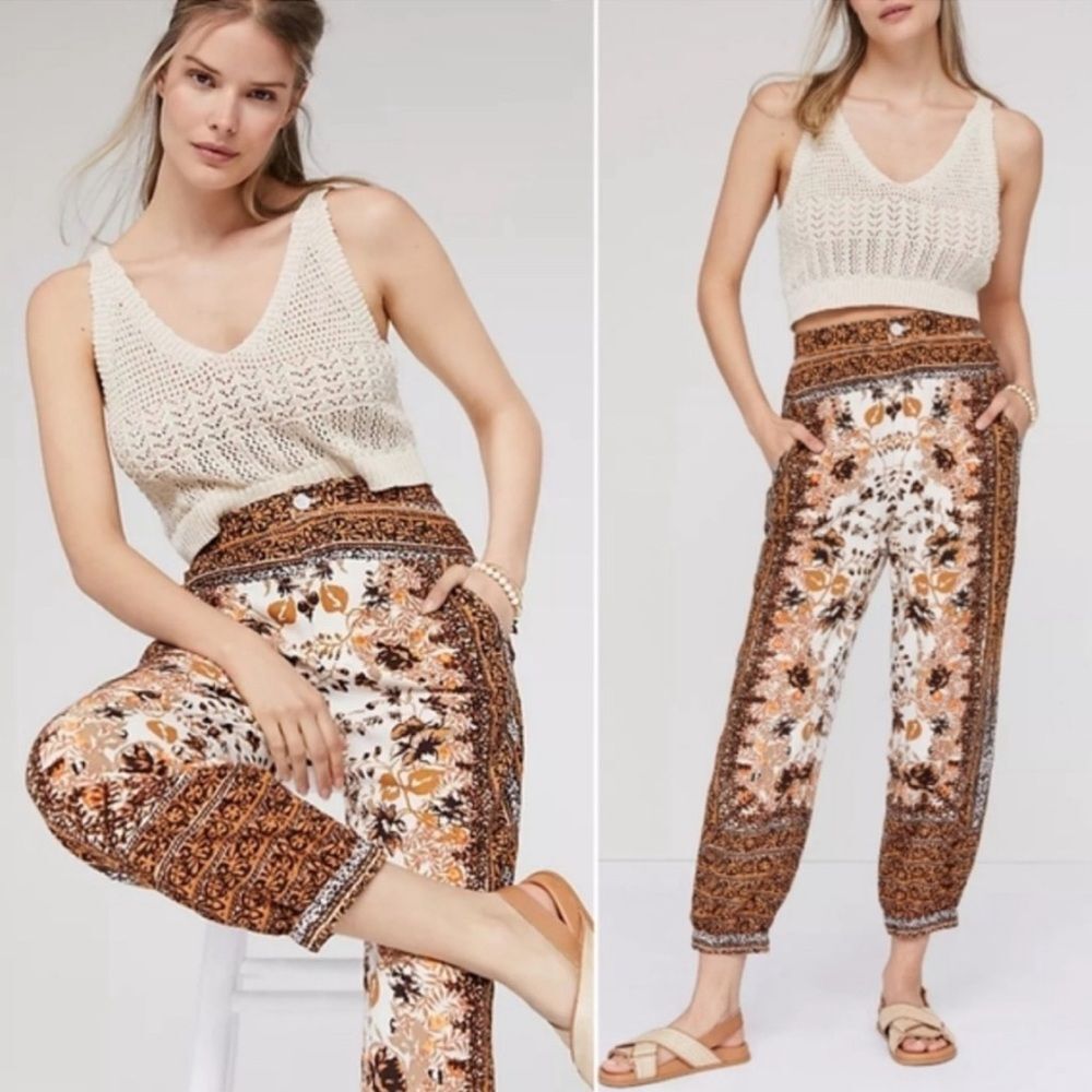 Anthropologie Brown and Cream Floral Print Joggers